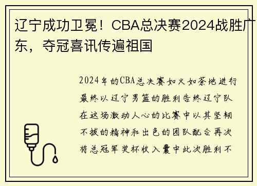 辽宁成功卫冕！CBA总决赛2024战胜广东，夺冠喜讯传遍祖国